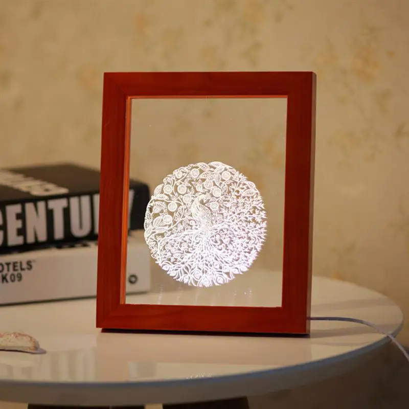 3D свет древесины птица картина Рамки настольная лампа украшения комнаты USB