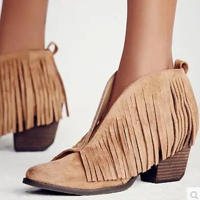 

2017 fashion women tassel boots suede leather ankle bota slip on sexy thick heel fringe booties poin toe dress shoes