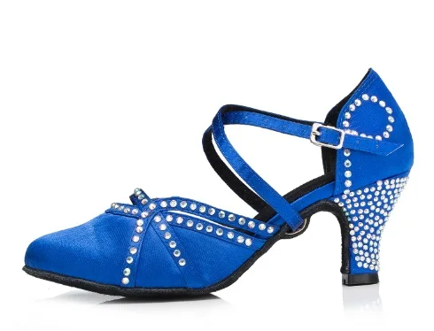 Blue 6cm Женские бальные латинские танцевальные туфли с закрытым острым носком черные атласные Танго Сальса Танго туфли для социальных танцев каблук 6 см замшевая подошва - Цвет: Blue 6cm
