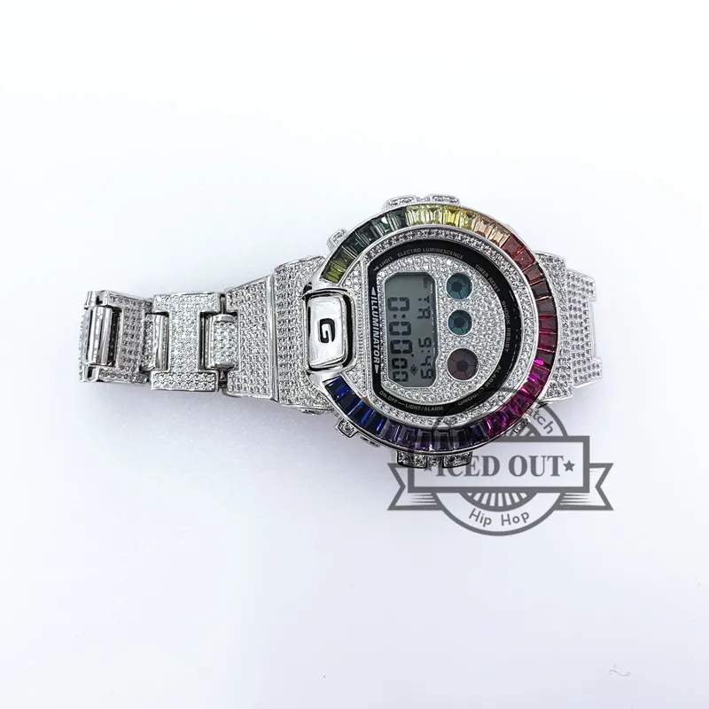 Хип хоп уличная мода посеребренный Радужный стиль g shock циферблат кнопка и