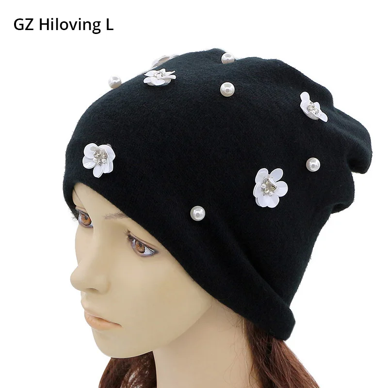 GZHilovingL хлопковая шапка женская осенне зимний Слауч вязаная с цветочным жемчугом
