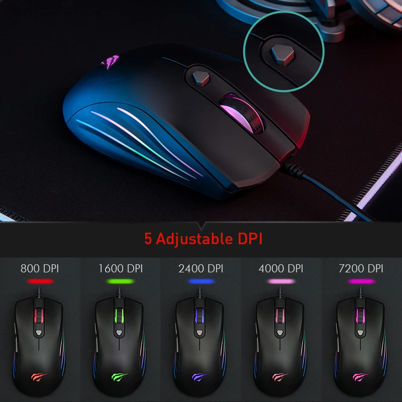 Говит игровая мышь RGB с подсветкой 7200 dpi программируемая 7 кнопок USB Проводная оптическая мышь геймер для ПК компьютер ноутбук HV-MS762
