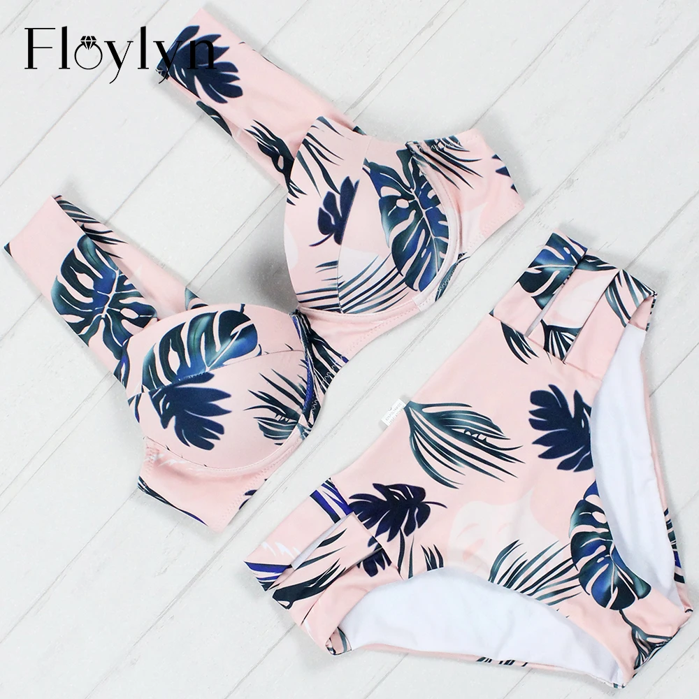 

Floylyn Plus Size Swimwear Sweet Feather Sexy Bikini Swimsuit Bather Off Shoulder Bandeau Bathing Suit Swimming Female