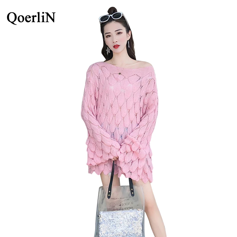 QoerliN Winter Woman Sweater Knitting Pullovers Autumn Thin Outwear Slash Neck Flare Sleeve Hollow Out Sexy Long Jersey Pink | Женская