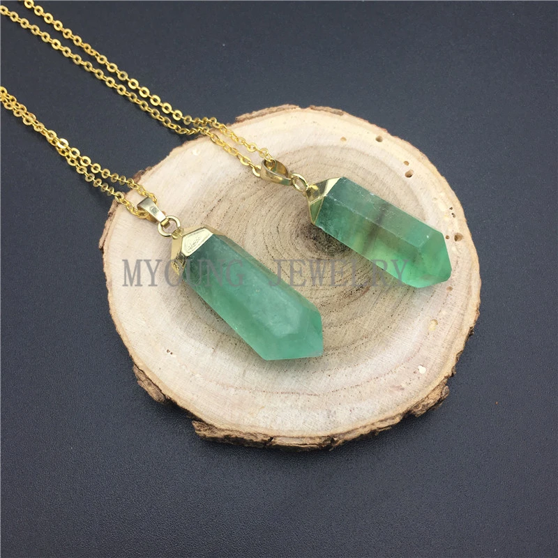 MY0912 Fluorite Prismatic Pendant Nature Sto Pencil Point Charm With Gold Electroplated Chain Necklace