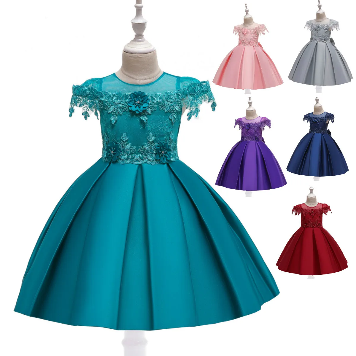 

Fashion Flower Girls Dress Kids Lace Flower Applique Bodice Satin Party Wedding Dress Princess Birthday Clothing