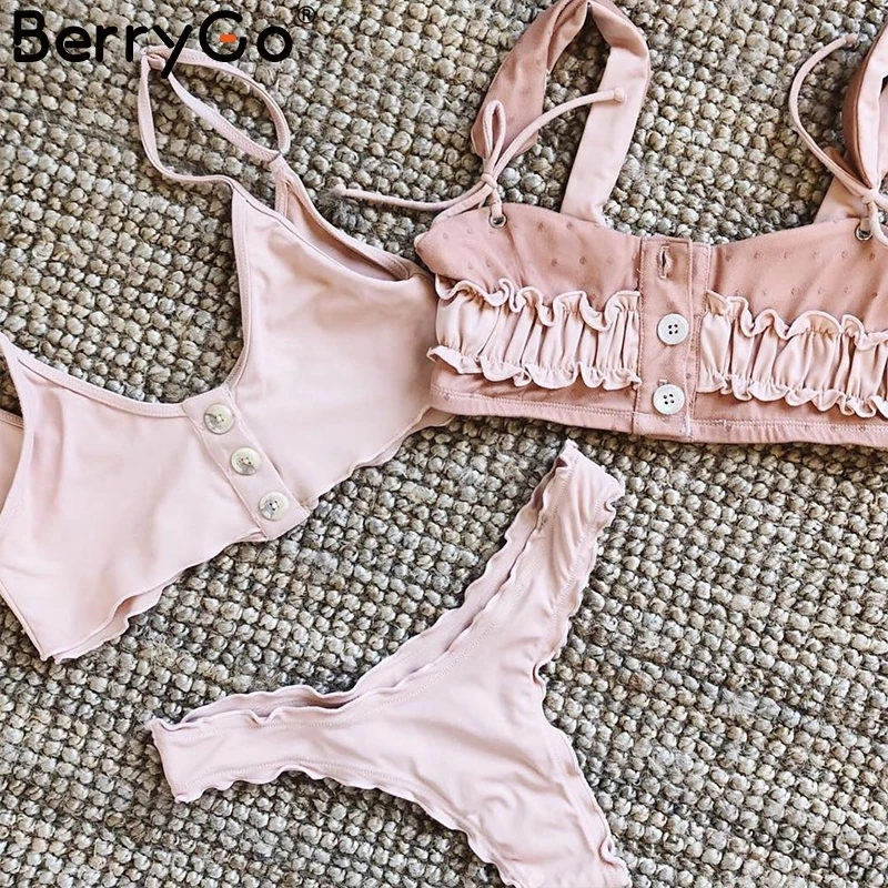 BerryGo, сексуальный мягкий пуш-ап комплект бикини, женский купальник, на пуговицах, на шнуровке, женский купальный костюм, розовый, женская летняя пляжная одежда, купальники