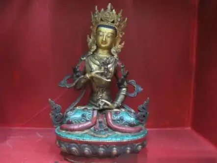 

Free shipping S03094 13"Tibet Bronze Gold inlay Turquoise Coral Vajrasattva kwan yin Buddha statue