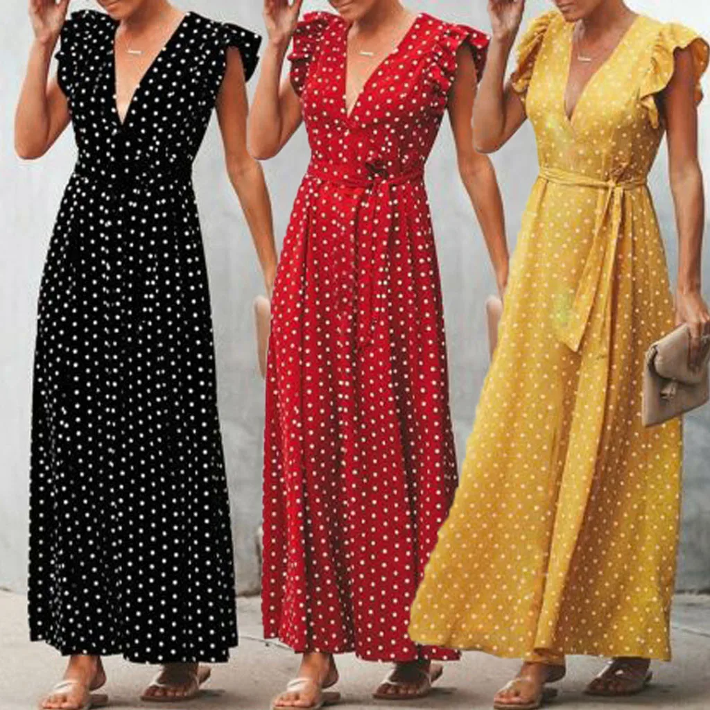 Fashsiualy Для женщин Vestido 2019 летнее платье Бохо длинное с оборками в горошек без