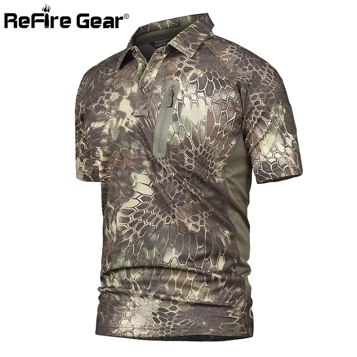Мужская футболка с коротким рукавом ReFire Gear, летняя тактическая камуфляжная дышащая рубашка с карманом, в стиле милитари - Цвет: Green Snake