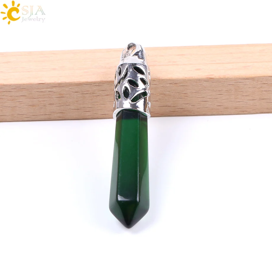 Green Glass CSJA рейки натуральный драгоценный камень Бусины Синий Песок длинная шестиугольная Призма исцеление точка опал ожерелье подвески для мужчин и женщин ювелирные изделия E004 - Окраска металла: Green Glass