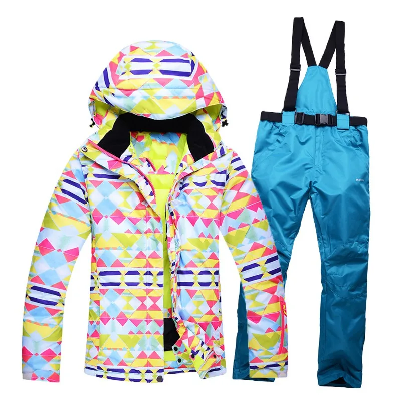

High Quality Women Skiing Jackets Pants Snowboard Sets Thick Warm Winter Female Colored Printed Ski Suit Hooded Windbreaker Coat