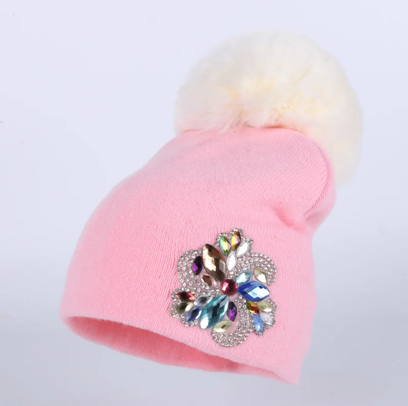 pink hat Вязаная зимняя шапка для детей от 0 до 3 лет, шапка для мальчиков и девочек из хлопка цвета фуксии с помпоном, Детские шапочки с цветочным принтом, Повседневные шапки skullies - Цвет: pink hat