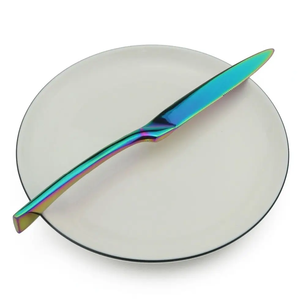 5PCS Shiny Black Blue Rainbow Dinnerware Set Stainless Steel Tableware Cutlery Dinner Knife Dessert Cake Fork Chirstmas | Дом и сад