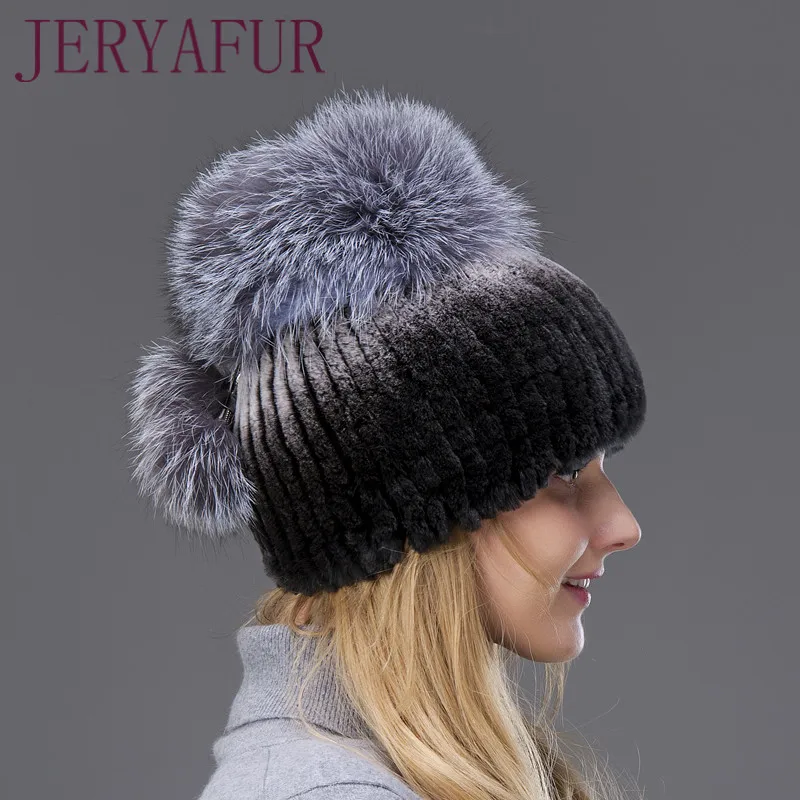 Горячая распродажа Мода Открытый Зимние теплые женские шапки Кролик Fur Вертикальная ткацкая шляпа с мехом Fox на вершине и мехом кролика Down