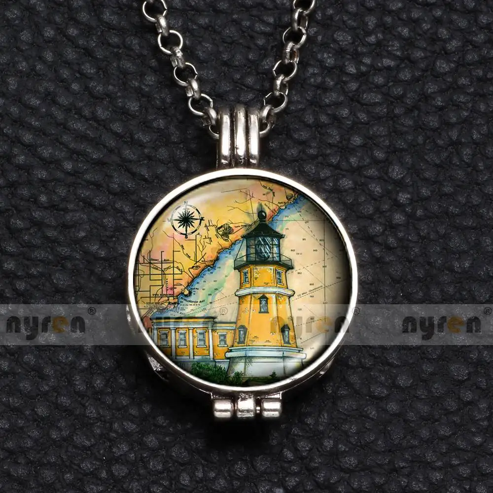 DZ1750e Perfume Aroma Pendant Necklace With Foam 25mm Glass Charms Lighthouse Multi Pattern For Man Women& Girl DZ1750 - Окраска металла: DZ1750e