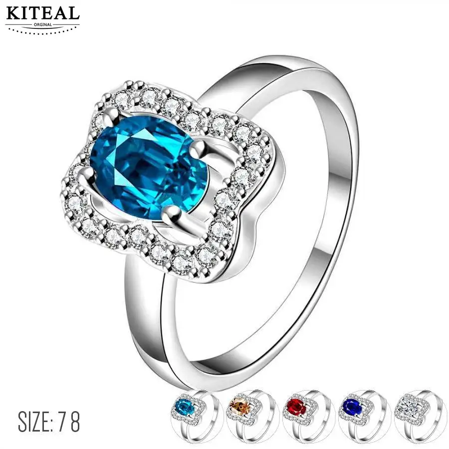 Летнее стильное серебряное кольцо светло-голубое/оранжевое/красное циркониевое