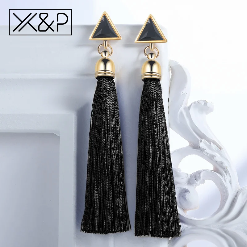 Black X& P модные богемные этнические длинные геометрические висячие серьги с кисточками для женщин, вечерние висячие серьги из хлопка с металлическим треугольником, ювелирные изделия - Окраска металла: Black