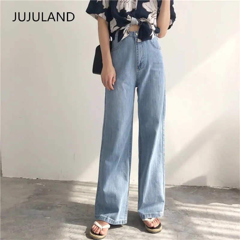 Женские джинсы с высокой талией JUJULAND голубые прямые стрейч новинка 2019|Прямые