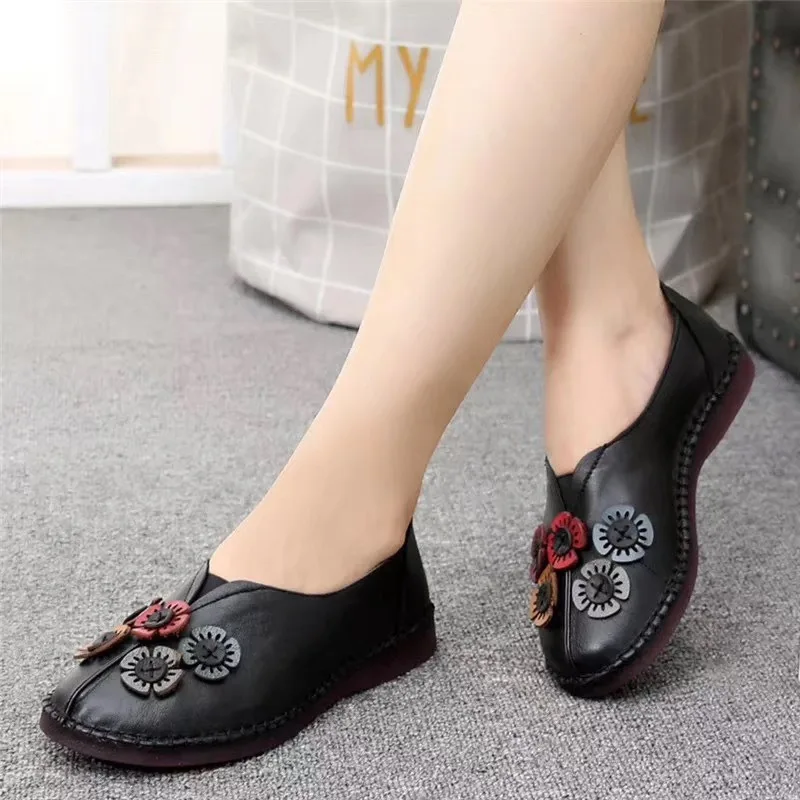 

Hot Sale Handmade Flower Genuine Leather Shoes Woman Fashion Shoes Flat Casual Shoes 2019 Soft Comfortable Non-slip Women Flats
