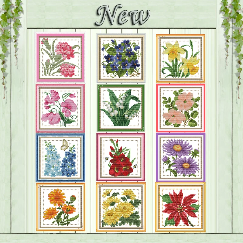 

Twelve months colourful flower decor painting counted print on canvas DMC 11CT 14CT Cross Stitch kits embroidery needlework Sets