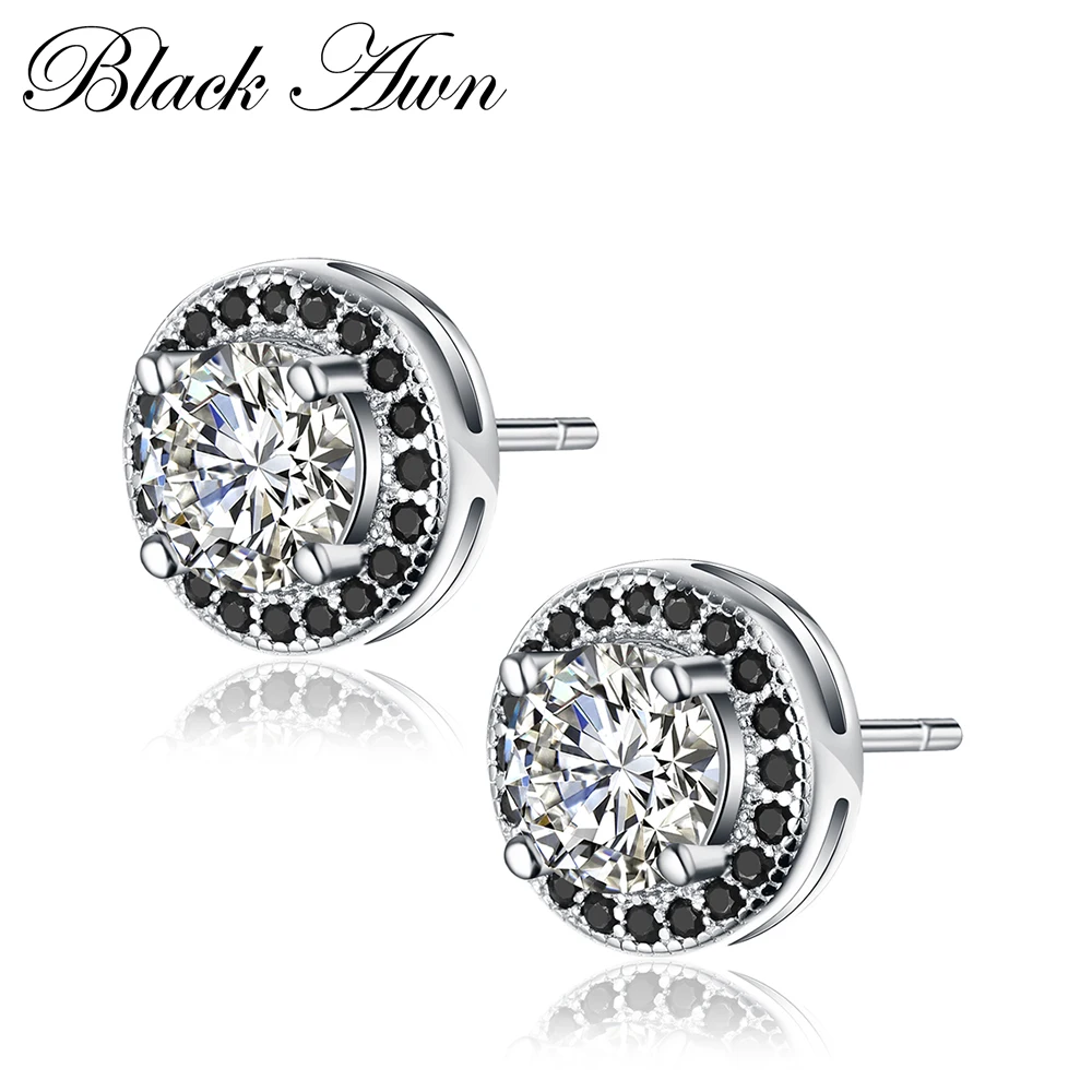 Женские серьги гвоздики из серебра 925 пробы с черно белым камнем|stud earrings|earrings