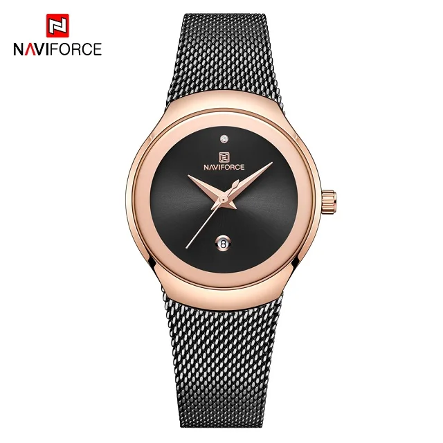 Black NAVIFORCE, наручные часы для женщин, модные, стальной, сетчатый ремешок, водонепроницаемые, кварцевые часы, Роскошные, аналоговые, женские часы,, Relogio Feminino - Цвет: Black