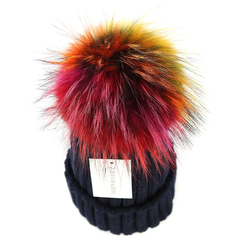 Модные новые помпоны из натурального Лисьего меха норки 15 см Skullies Beanies, шапки для женщин и девочек, зимние шапки, Детские теплые шапки Skullies Beanies