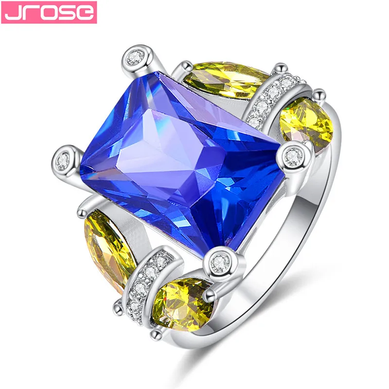 

JROSE Women's Rings Silver 925 Jewelry Ring With Square Cut Royal Blue Multicolor Zircon Wedding bijoux Gifts Size 6 7 8 9