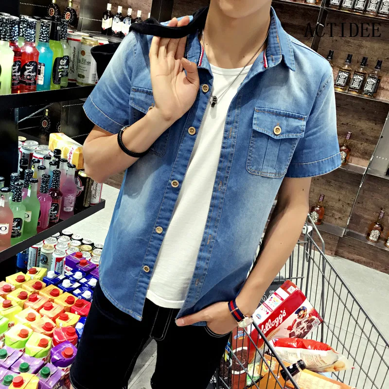 Новинка 2018 летние ковбойские джинсовые рубашки мужская рубашка с короткими