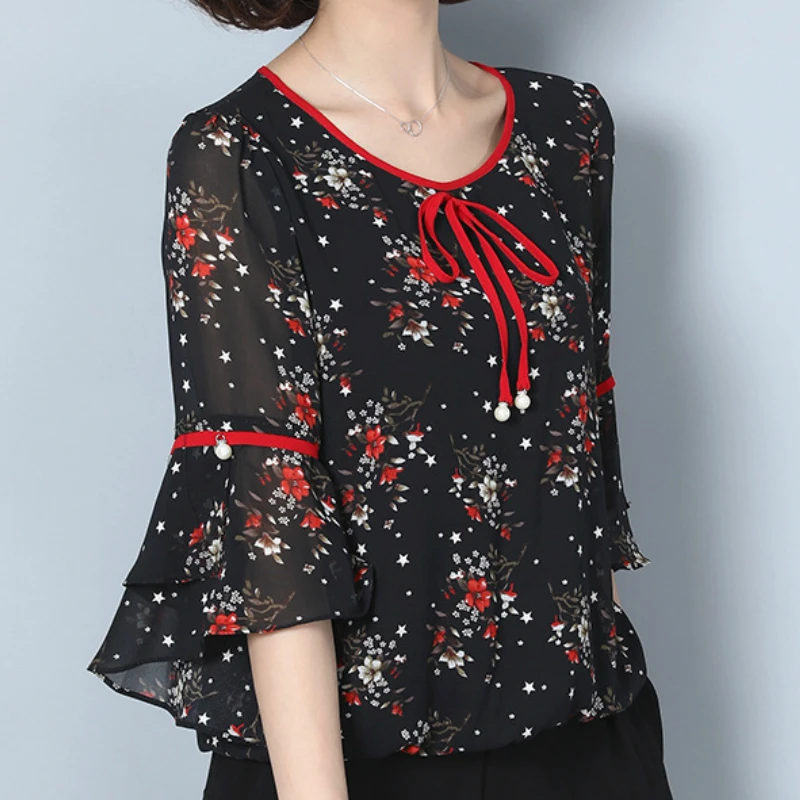 Летние топы шифоновая блузка женская рубашка модная 2018 с расклешенными рукавами