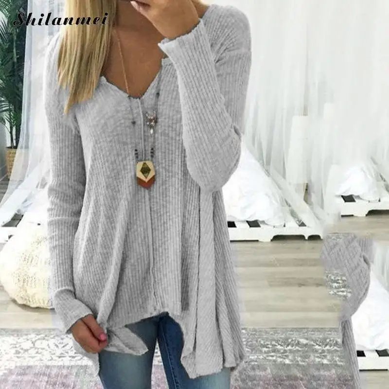 Women Long Sleeve Casual Solid V-Neck Sweater Irregular Hem Pullovers Tops Spring Autumn Plus Size Pull Femme 5XL 4XL | Женская одежда