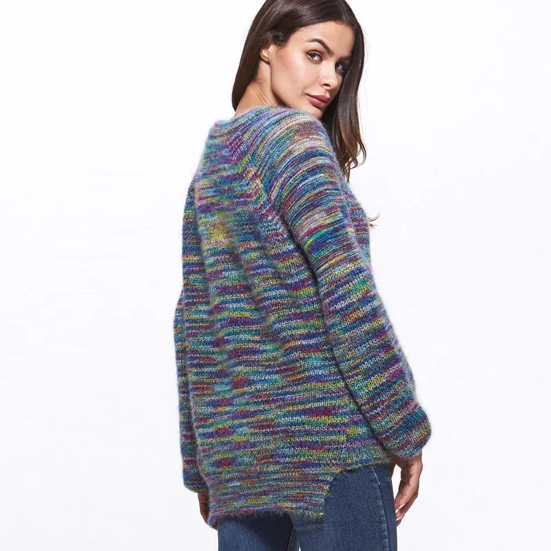 QIUXUAN Autumn Winter Women Sweater Multicolor Gradient O Neck Long Sleeve Pullover Female Warm Fashion | Женская одежда