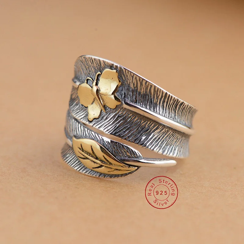 Pure 925 Серебряное кольцо бабочка перо Винтаж кольца для Для женщин тайский серебряный Модные украшения вечерние подарок