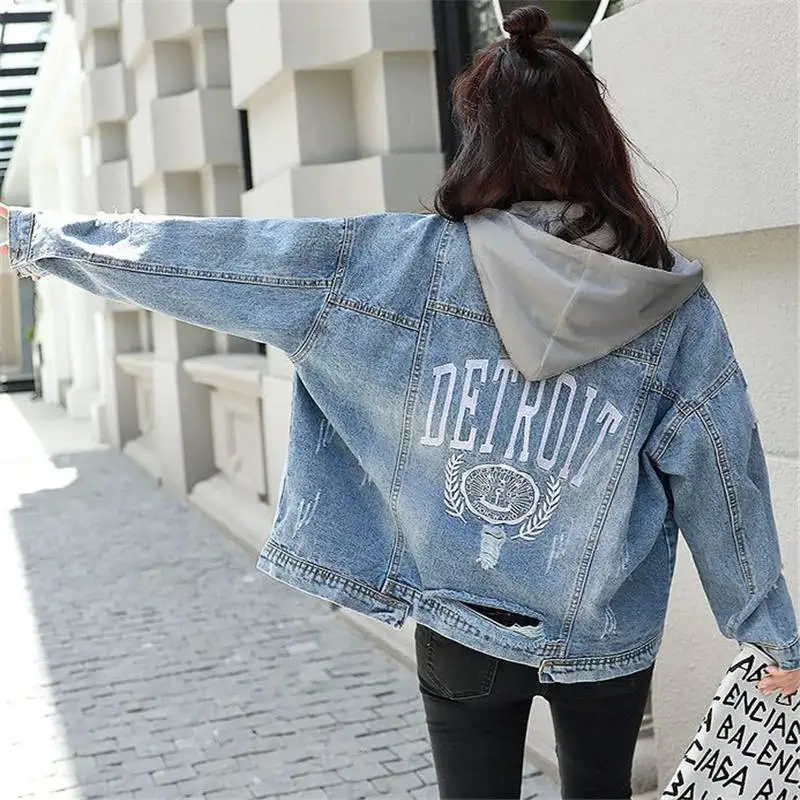 Женская джинсовая куртка со съемным капюшоном Повседневная Свободная с вышитыми