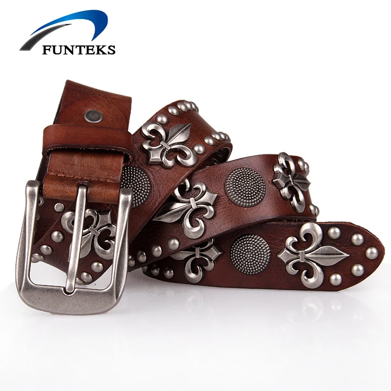 FUNTEKS 2017 унисекс из натуральной кожи Ремни Для мужчин Сплав пряжкой заклепки