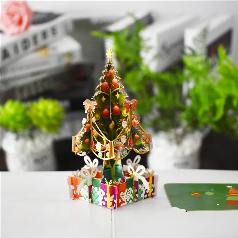 10 упак. Merry рождественские открытки Рождественская елка всплывающие карты с Наклейка на конверт лазерная резка Год поздравительные открытки подарки ручной работы