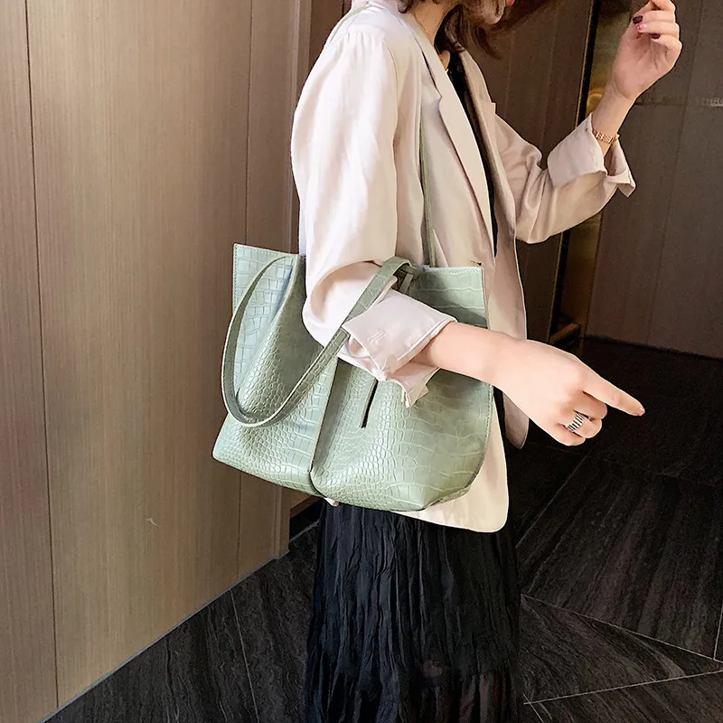 2 Piece Large Women Shoulder Bag Set Ruched Crocodile Alligator Composite Bag Big Capacity Female Handbag Shopping Traveling Bag