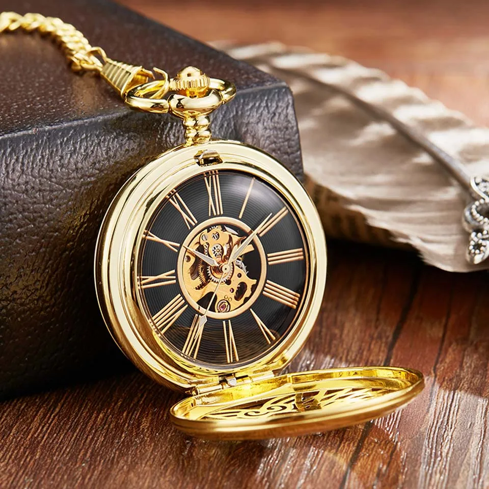 Luxury Golden Love Wings Mechanical Pocket Watch Men Women Fob Chain Unique Hollow Design Skeleton Double Side Hand Wind Watches