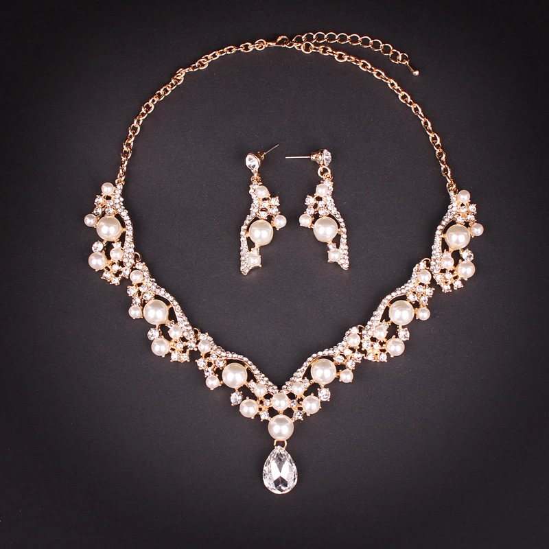 Набор свадебных украшений золотого цвета ожерелье и серьги с имитацией жемчуга