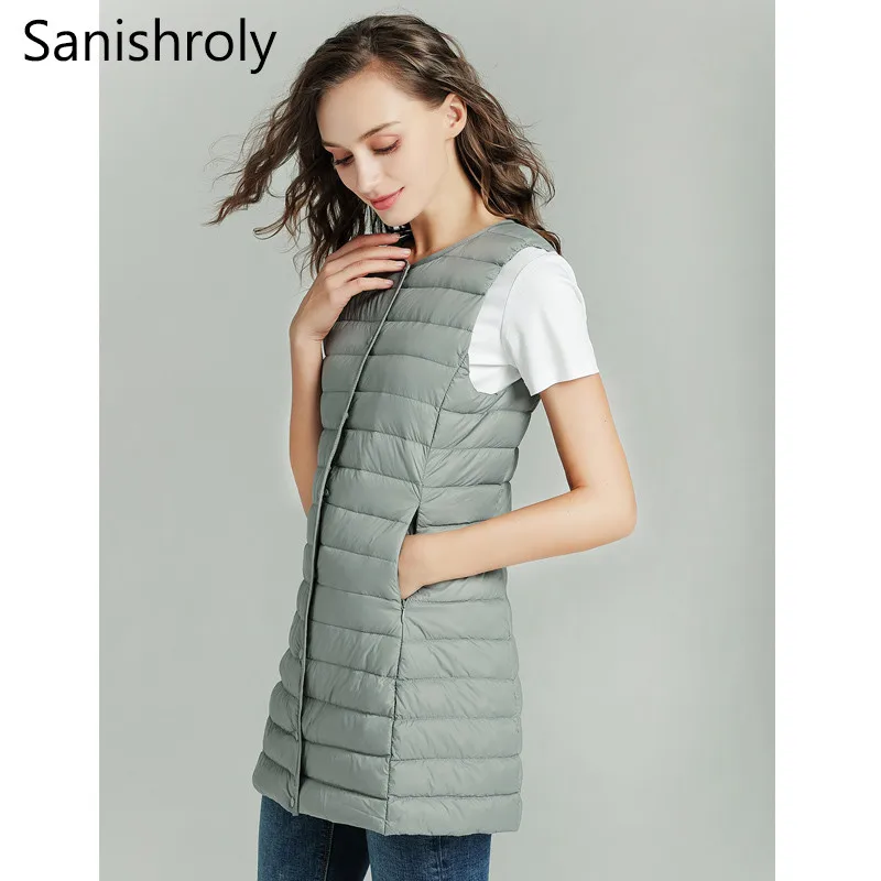 

Sanishroly New Autumn Winter Women Sleeveless Vest Jacket Ultra Light White Duck Down Waistcoat Parka Female Long Vest Coat S607