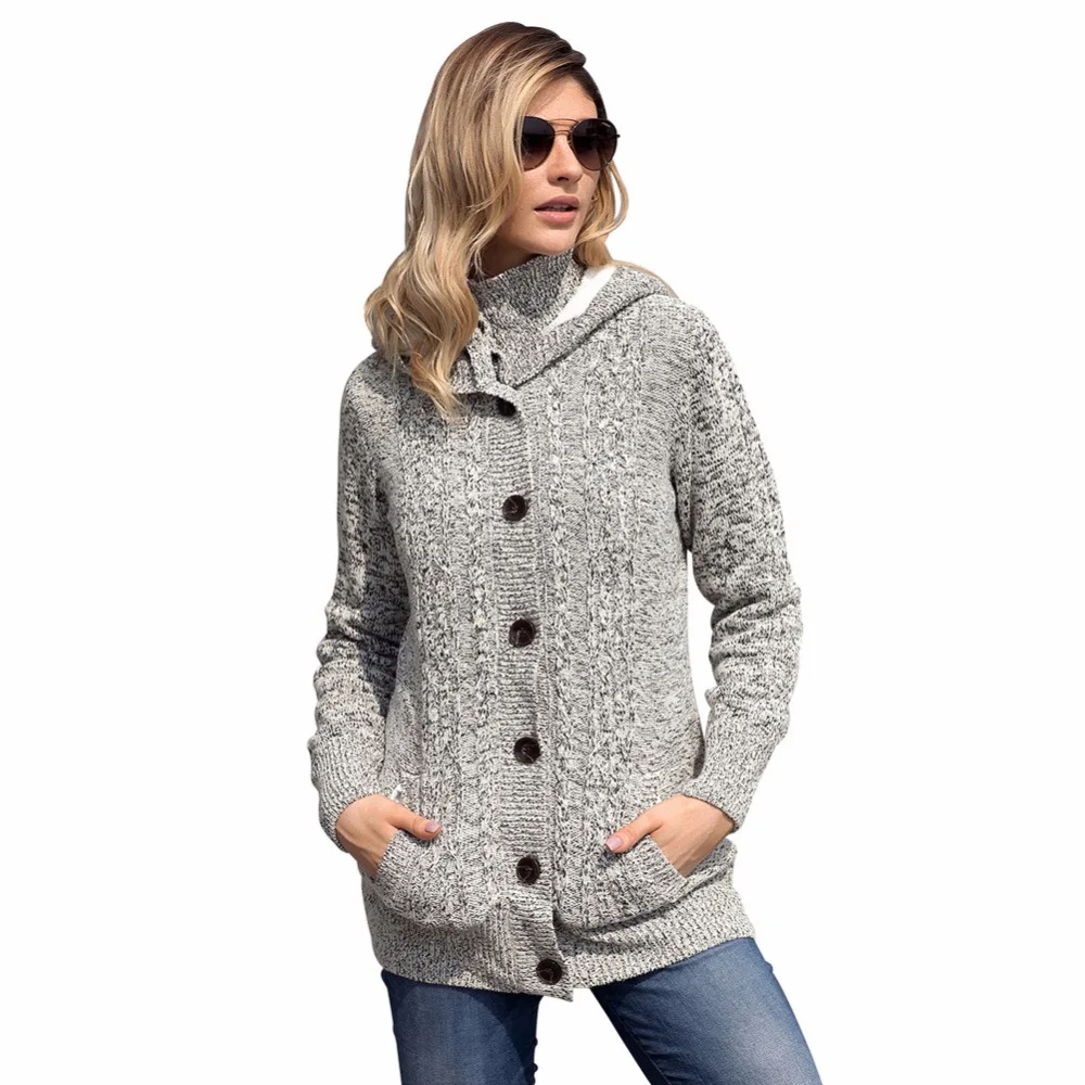 Autumn Winter 2018 New Knitted Sweater Single Row Button and Zipper Women Cardigan Hooded Jacket with Fleece D130 |