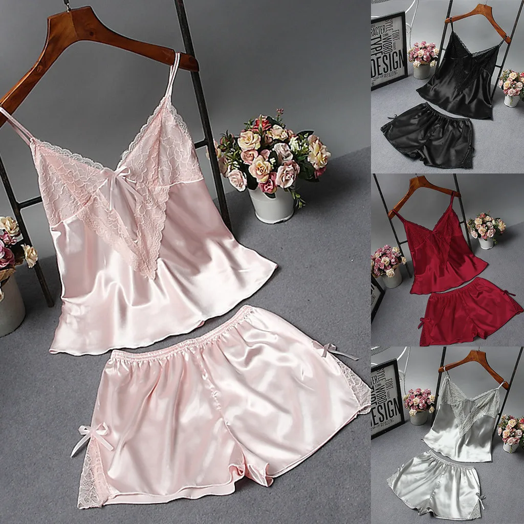 Womens Sexy Satin Sling Sleepwear Lingerie Lace Bowknot Nightdress Underwear Set exy Women | Женская одежда
