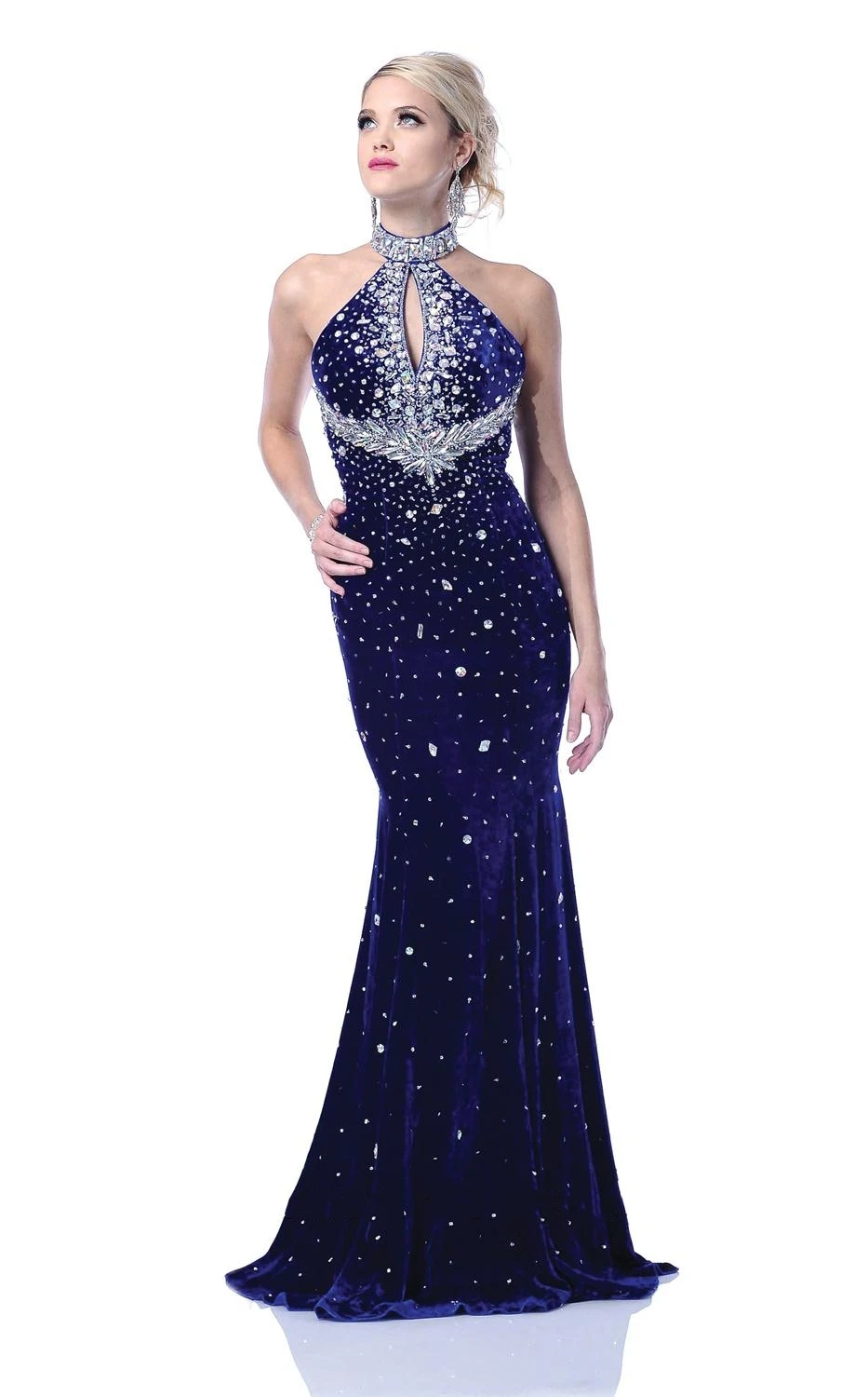 Elegant Halter Backless Beading Chapel Train Royal Blue Sparkle Velvet Mermaid Evening Dress | Свадьбы и торжества