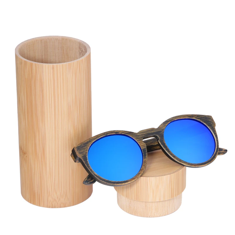 blue lens with case BerWer бамбуковые солнцезащитные очки для женщин, деревянные солнцезащитные поляризированные солнцезащитные очки, круглые линзы вождения UV400 очки - Цвет линз: blue lens with case