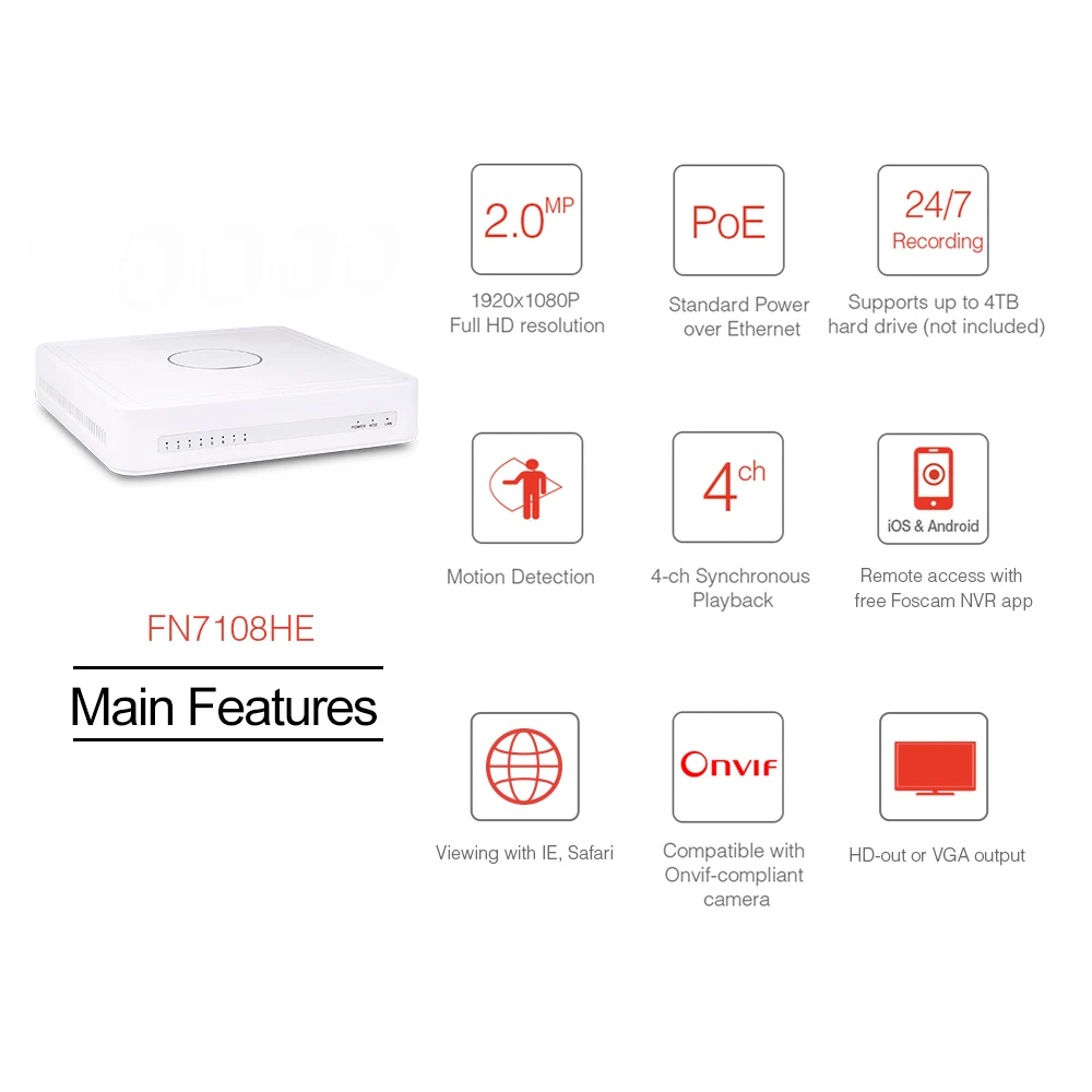 Foscam FN7108HE 1080 P Full HD PoE NVR поддерживает 8CH просмотра в прямом эфире удаленного