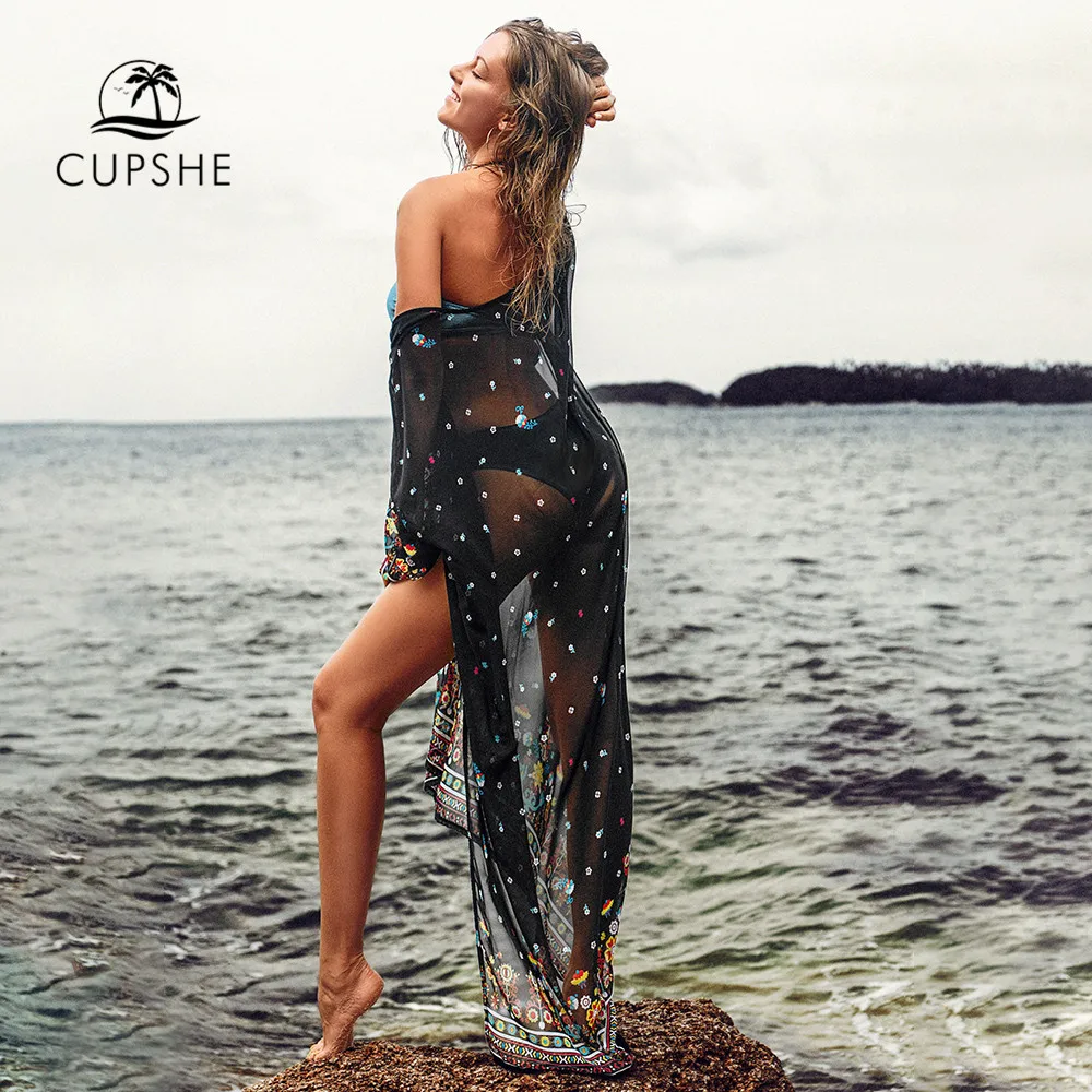 CUPSHE длинное черное цветочное покрытие с принтом сексуальное шифоновое кимоно