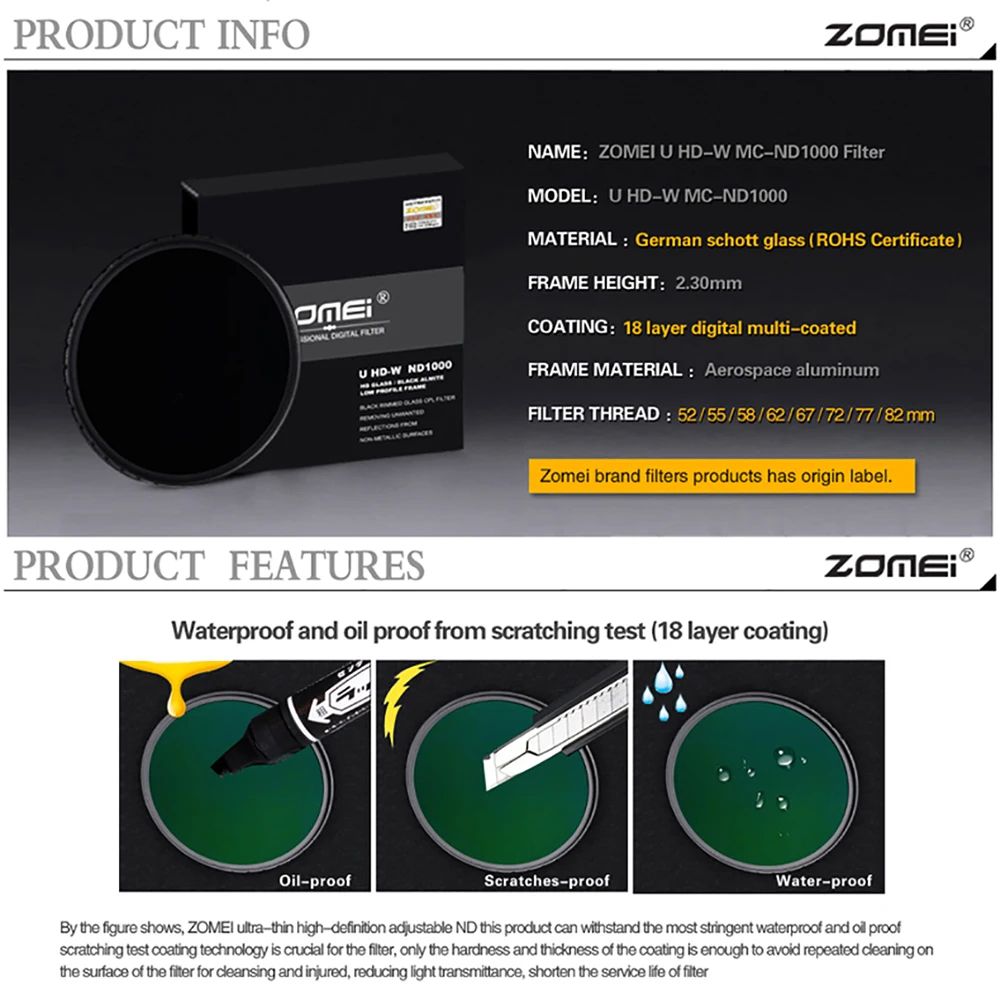 ZOMEi Pro Оптическое стекло 10-STOP 52/58/67/72/77/82 мм ультра тонкий HD многослойный ND1000 фильтр