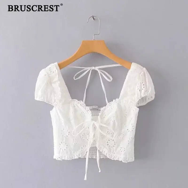 2019 Boho lace-up hollow out blouse womens tops summer sexy blackless short white female korean fashion clothes blusas |