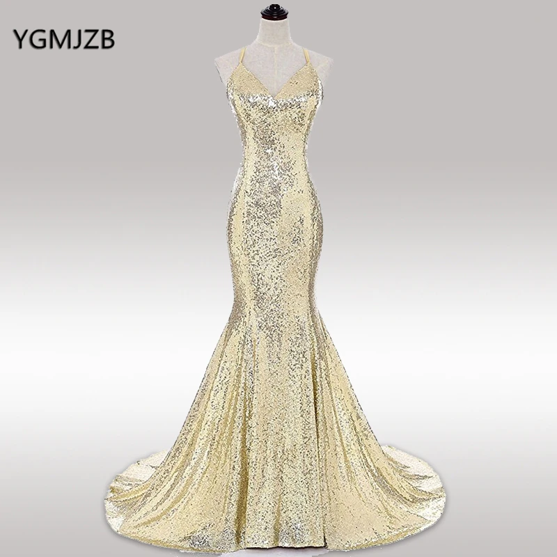 Блестящее вечернее платье цвета шампанского с блестками русалки v образным